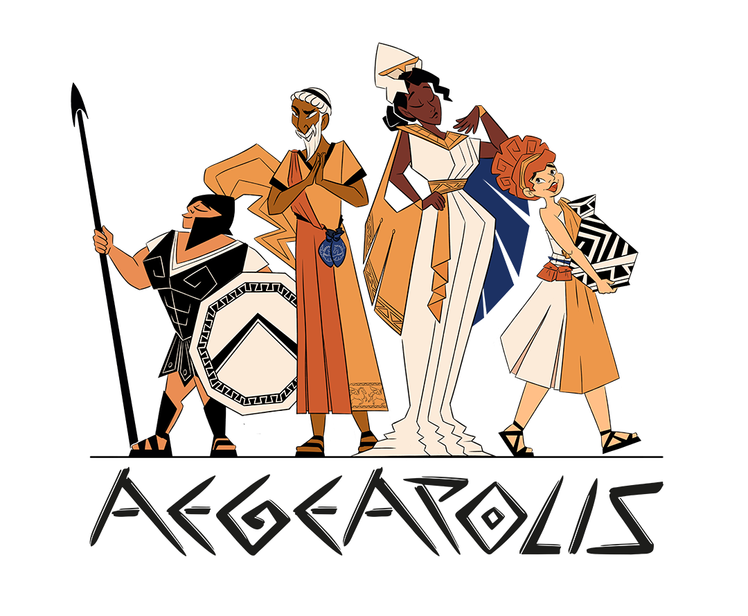 Aegeapolis — the four faction characters and title logo